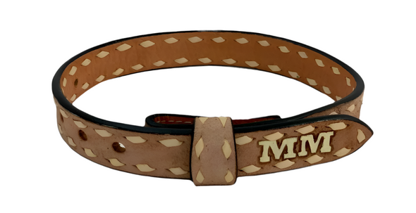 Initial Tip Baby Belt. Roughout Leather. Ivory Buckstitch.  Ivory Initials on Tip.