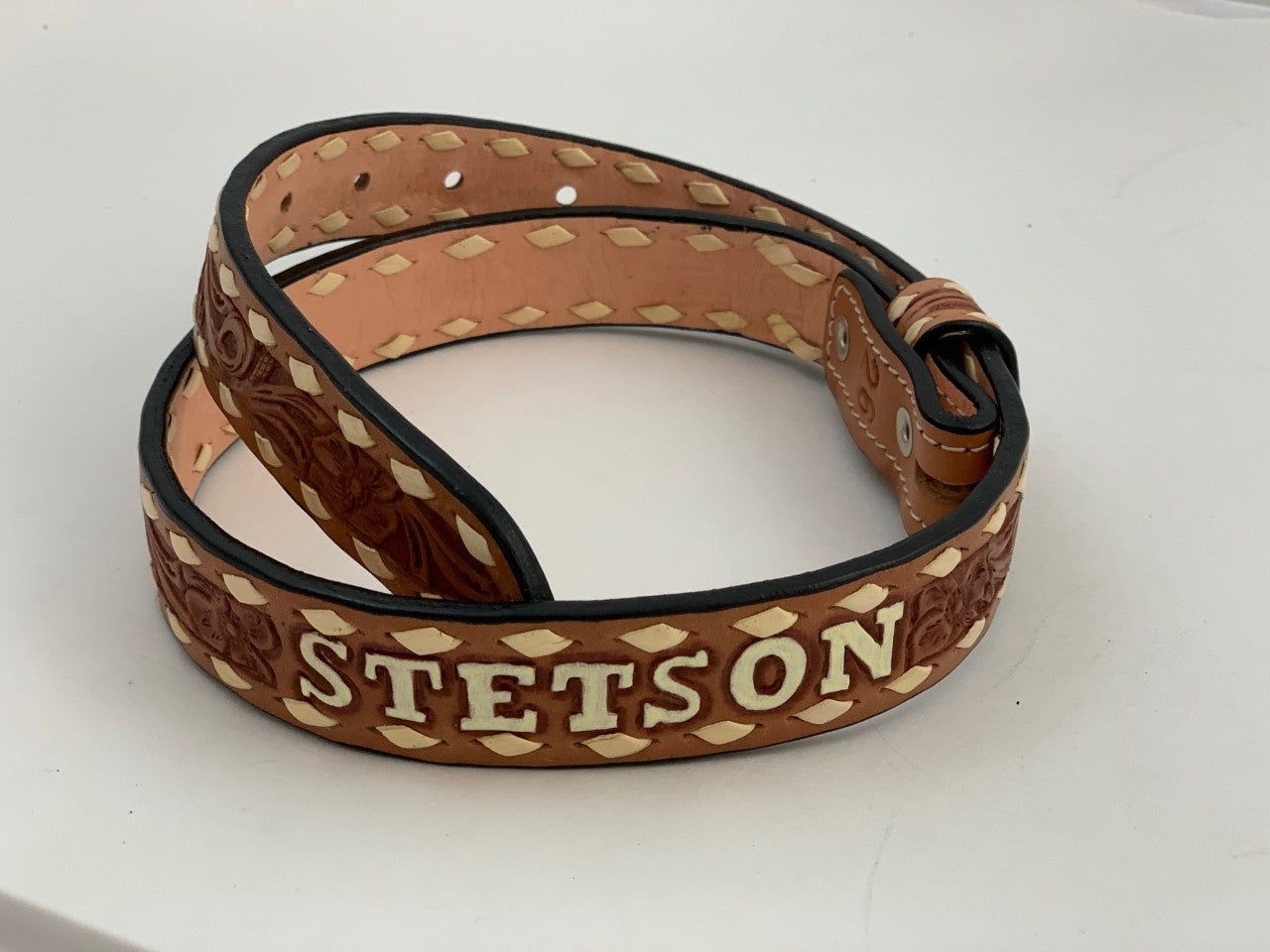 Stetson Baby Belt. Antique Floral Tooling. Ivory Buckstitch and Name.