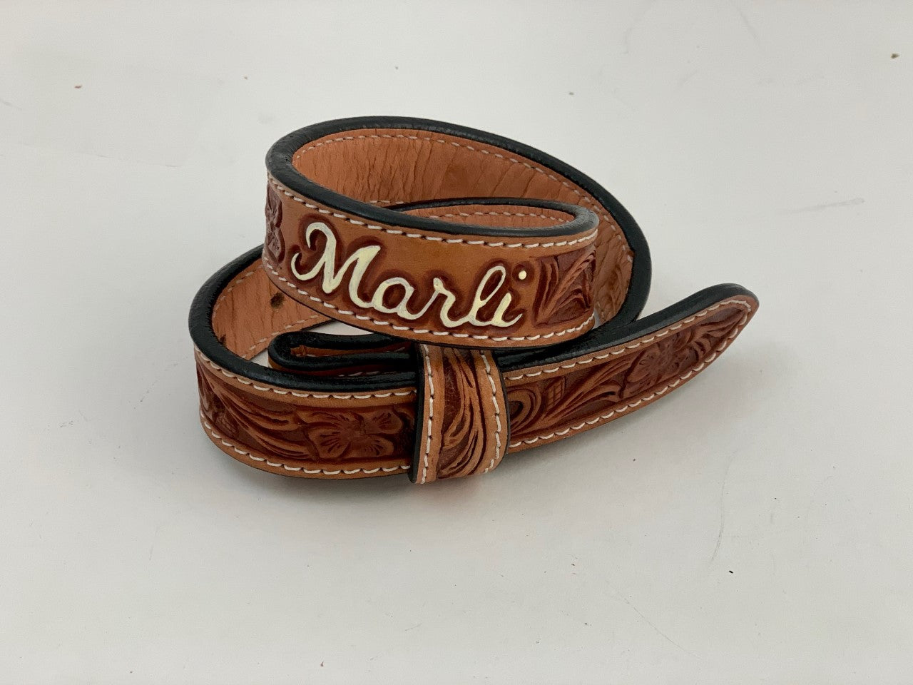 Marli Baby Belt. Antique Floral Tooling with Name.