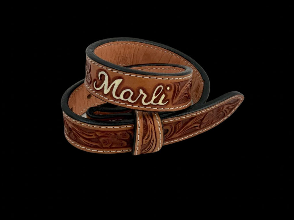 Marli Baby Belt. Antique Floral Tooling with Name.