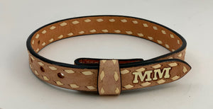 Initial Tip Baby Belt. Roughout Leather. Ivory Buckstitch.  Ivory Initials on Tip.
